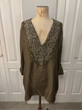Roberto Cavalli 100% Silk Beaded Yoke Tunic in Olive Green Size 46